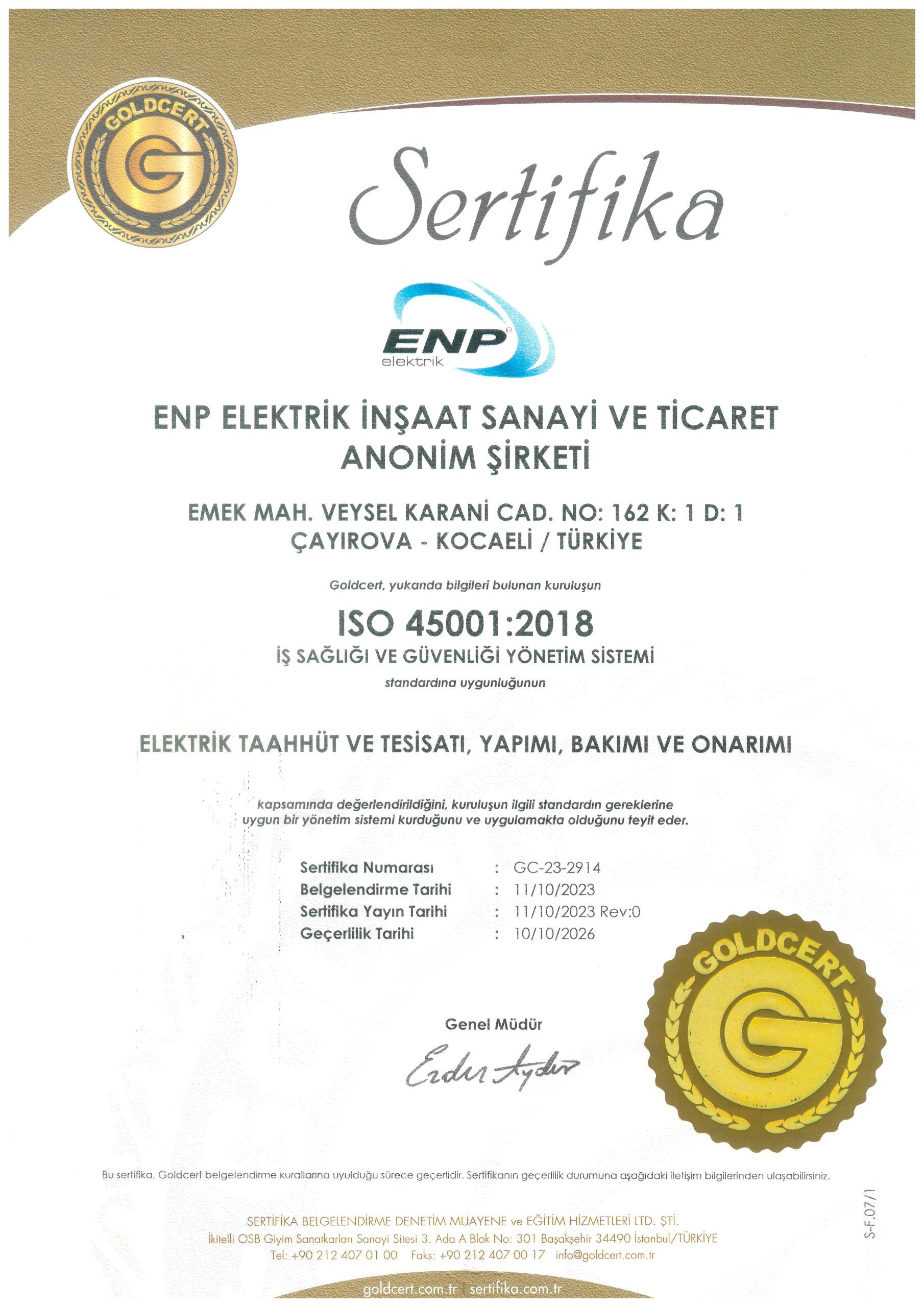 ENP Elektrik - ISO 45001:2018 Sertifikası