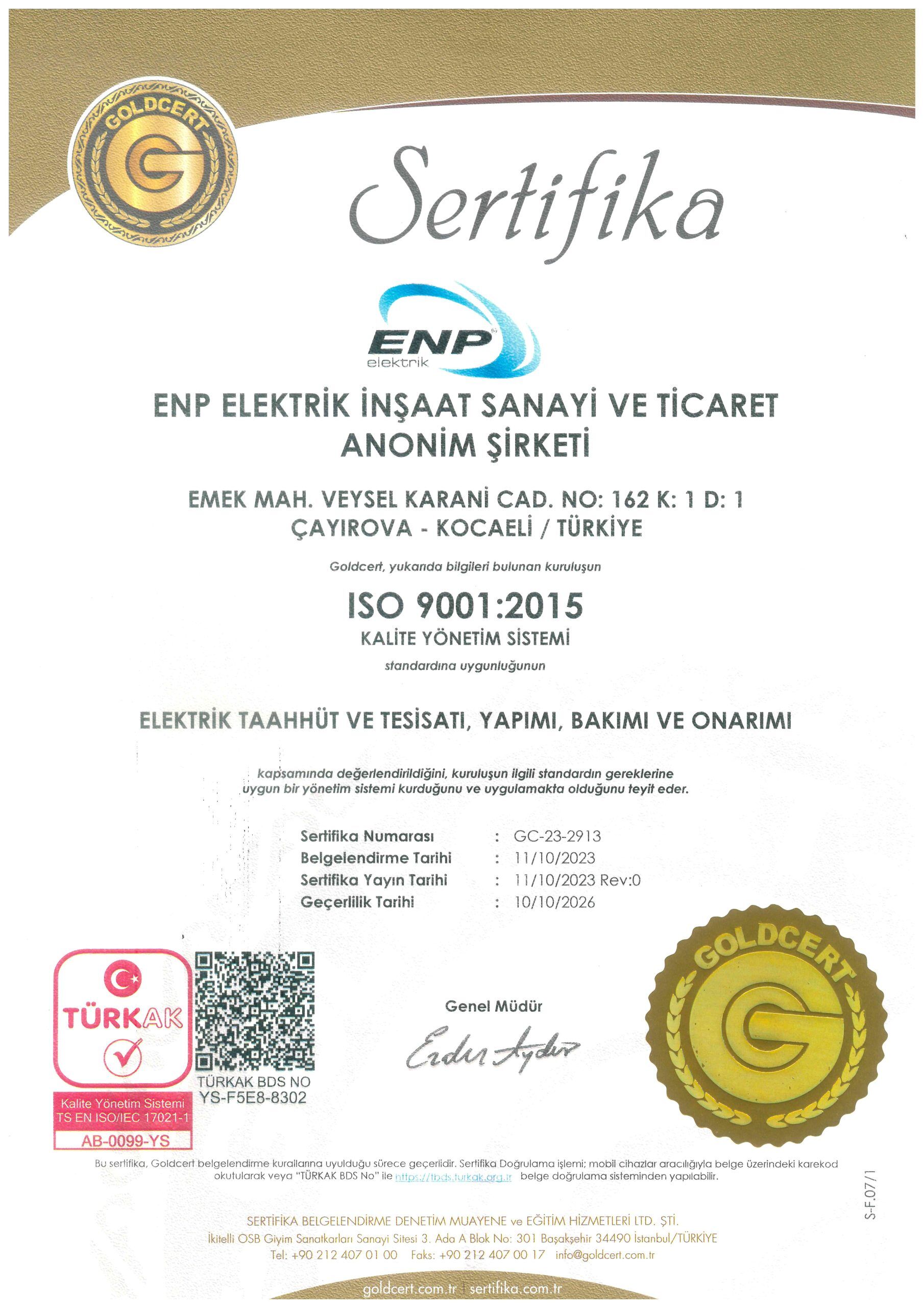 ENP Elektrik - ISO 9001:2015 Sertifikası